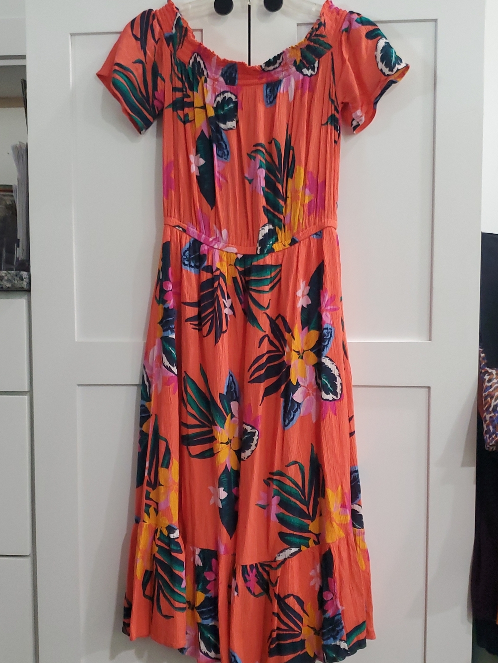 Old Navy Coral Tropical Floral Off-Shoulder Midi Dress